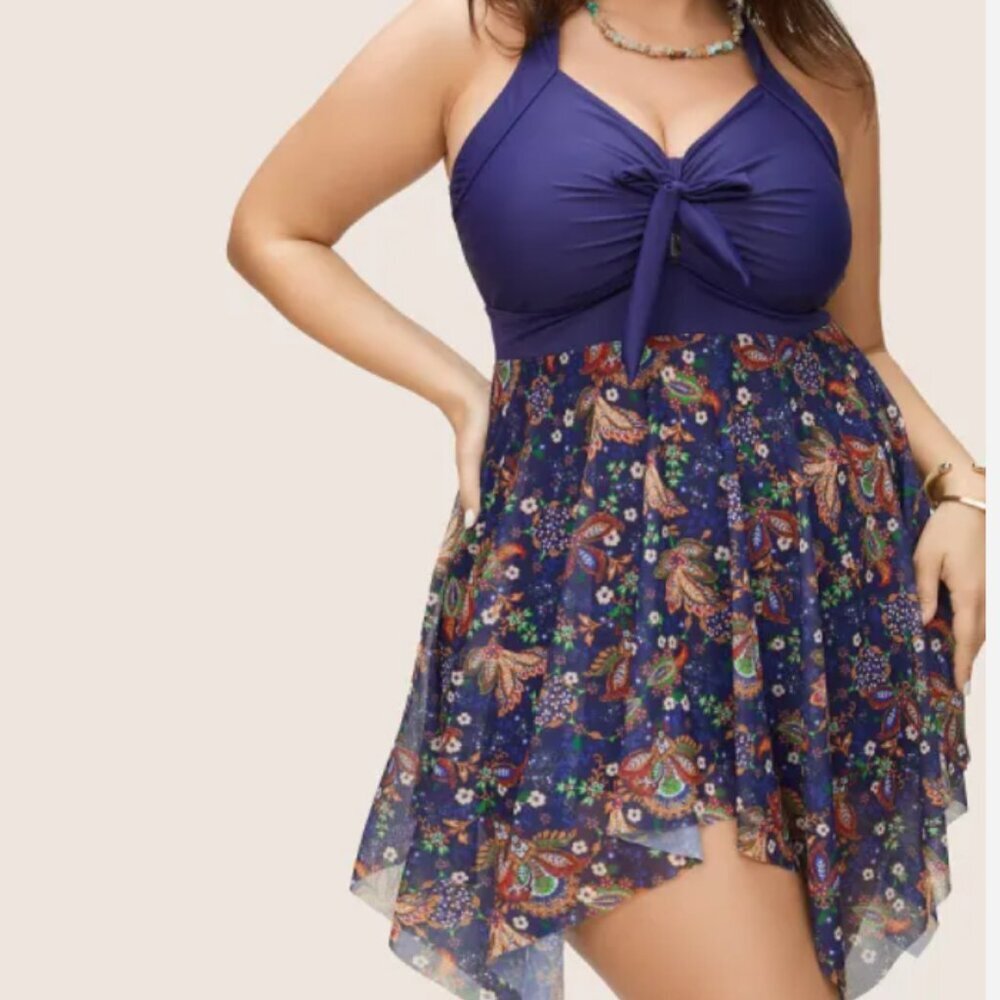 Bloomchic Plus Size XL Patchwork Ruched Knot Asymmetrical Hem Swim Dress us14-16